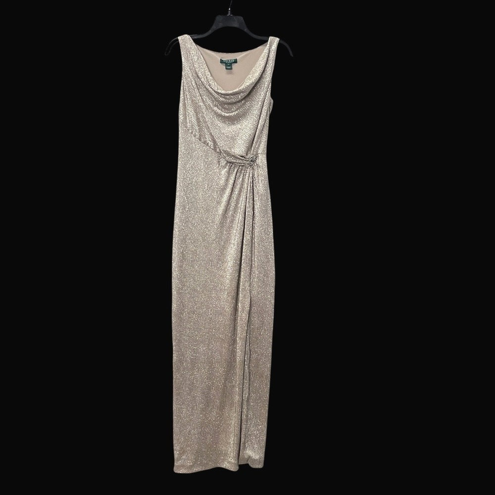 LRL Ralph Lauren Evening Gold Metallic Cowl Ruched Gown Rhinestone 4 Formal Glam
